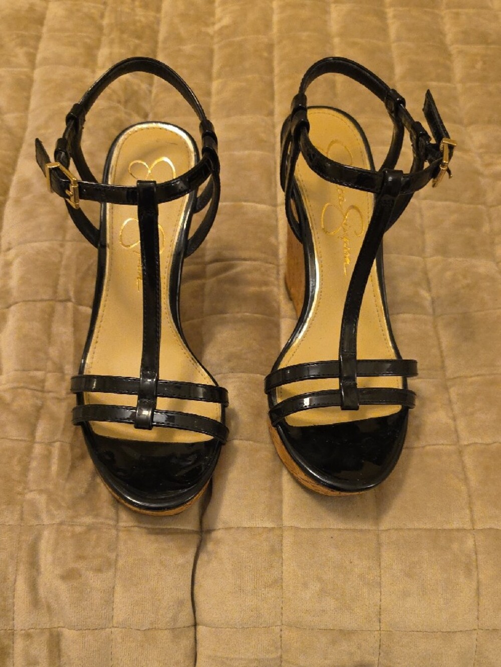 Jessica Simpson Black Patent Cork Wedge Sandals with Gold Buckles - Picture 2 of 3